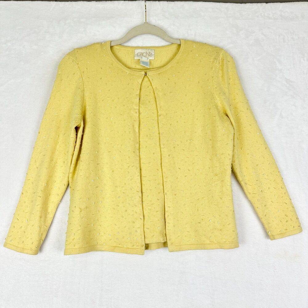 Vintage Cache Y2K Beaded Silk Cashmere Cardigan Tank Set Size Small NWOT Yellow